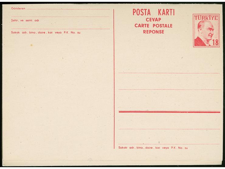 1958, Atatürk postal stationery answering cards 15+15 krs. brown and 18+18 krs. carmine, both complete undivided, unused, ver