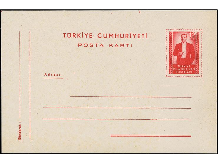 1953, Atatürk postal stationery card 12 krs. red, without wm., unused, very fine (isfila cat. value 165€) (Isfila AN184)