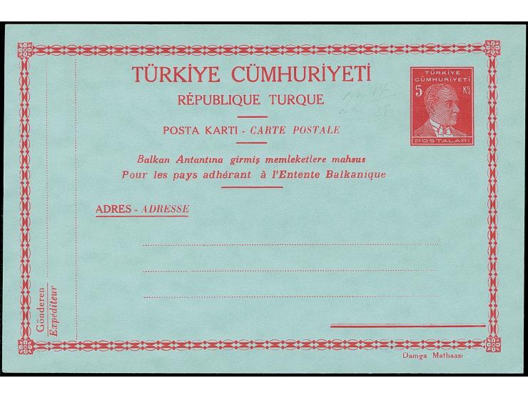 1938, Atatürk postal stationery card 5 krs. deep red on greenish-blue, unused, very fine (isfila cat. value 380€) (Isfila AN1