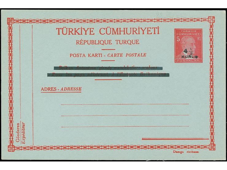 1944, Atatürk postal stationery card 4½ on 5 krs. black fine surcharge on red/blue, unused, very fine and extremely scarce (i