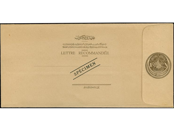 1914,  Registered envelopes 1 pia. all three sizes overprinted SPECIMEN. Small size beige paper, medium size yellowish-white 