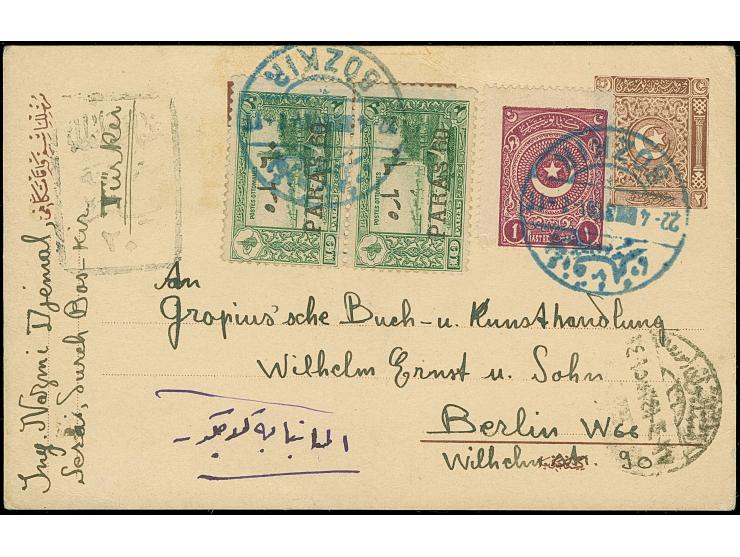 1922, Grand National Assembly postal stationery card 2 krs. brown, with black handstamped surcharge, used uprated with cresce