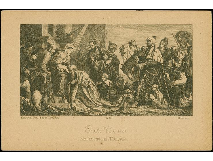 1892, Coat of Arms postal stationery card 20 pa. claret with ‘Maria &amp; Jesus’ pinting imprint on reverse ‘Paolo Veronese -
