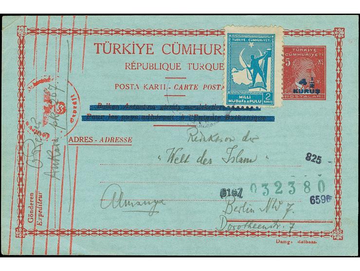 1944, Atatürk postal stationery card 4½ on 5 krs. deep blue surcharge on red/blue thin card, cancelled ANKARA cds. and red ge