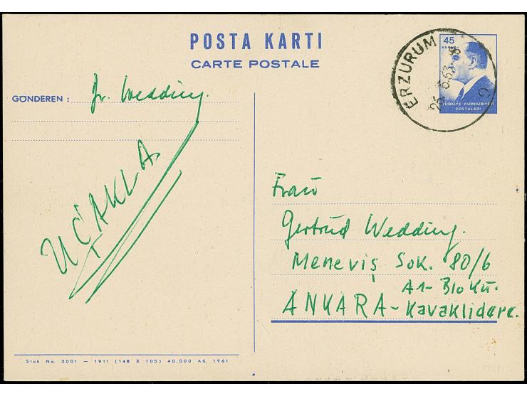 1944, Atatürk postal stationery card 45 krs. ultramarine, cancelled ERZURUM 26.6.63 ds., fine and extremely scarce nonuprated