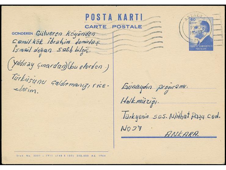 1964, Atatürk postal stationery card 60 krs. ultramarine, ANTALYA machine cancel, fine and extremely scarce nonuprated usage 