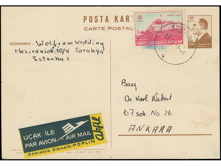 1961, Atatürk postal stationery card 35 krs. brown, used uprated with 10 krs. from Istanbul by air mail to Ankara, fine (isfi