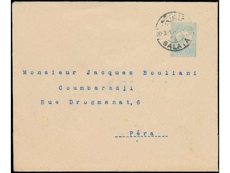 1909, 1 pia. light blue postal stationery envelope, clear cancelled GALATA 20.3.1910 (1328), used local with arrival mark PER