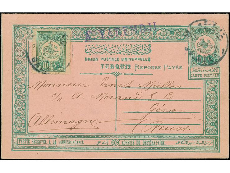 1909, 10 pa.+10 pa. green postal stationery answering card complete, used uprated with 10 pa. green at left tied by GALATA 22