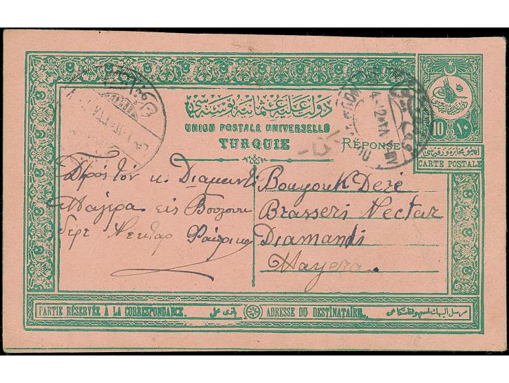 1909, 10 pa. green postal stationery answering part ‘reponse’, local used with KOUMKAPOU 20.4.1912 (isf.no.5, R) to Büyükdere