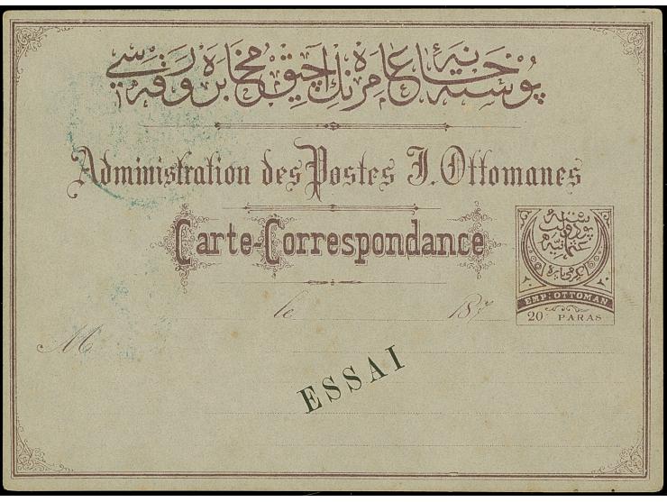 1876, 20 pa. dull lilac on grey postal stationery card, unissued in these colours, handstamped "ESSAI" in black on front of c