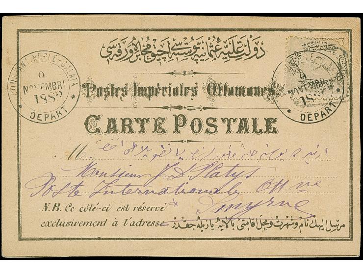1882, Duloz 20 pa. grey on formular stationery card, tied by all arabic boxed DERSAADET and CONSTANTINOPLE-GALATA DEPART 9/NO