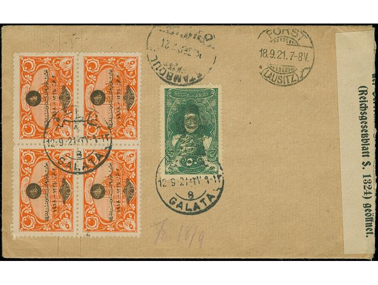 1914, 1 pia. brown postal stationery registered envelope used uprated with Sultan Vahdettin Accession on the Throne 50 pia. g