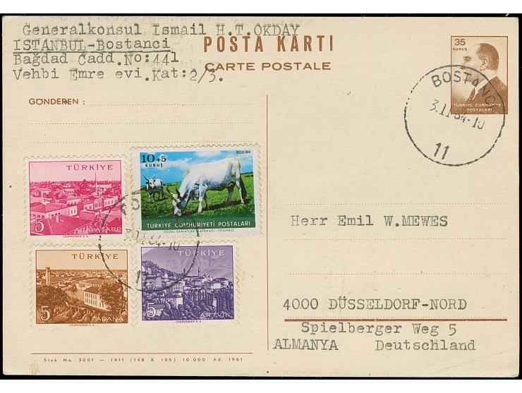 1964, Atatürk postal stationery card 35 krs. brown (Balkans rate) used uprated with additional 25 krs. to 60 krs. to Germany,