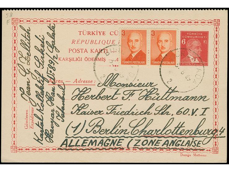 1949, Atatürk postal stationery card 6 krs. red, used uprated with additional pair Inönü 3 krs. to 12 krs., cancelled BURGAZA