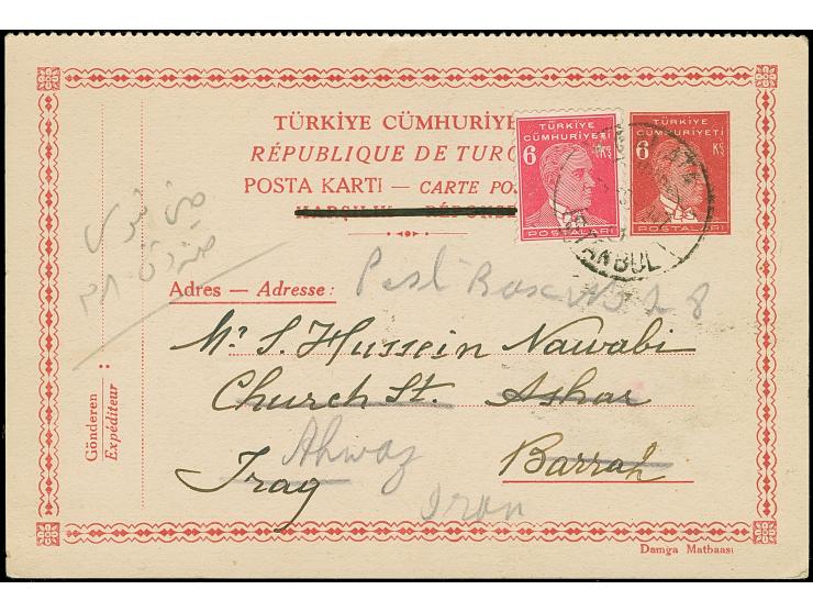 1947, Atatürk postal stationery card 6 krs. red used uprated with additional 6 krs. to 12 krs. rate from Galata Istanbul 4.9.