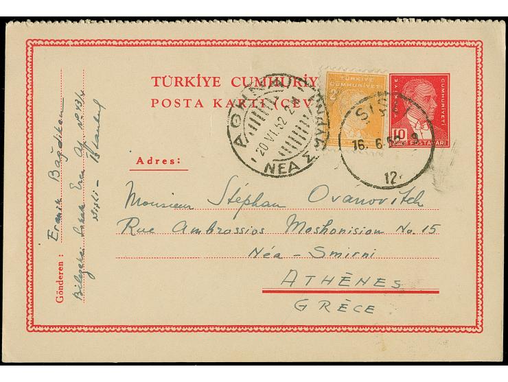 1952, Atatürk postal stationery card 6 krs. red used uprated with additional 2 krs. to 8 krs. Balkans rate from Sisli Istanbu