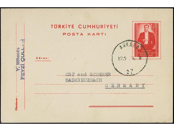 1954, Atatürk postal stationery card 12 krs. red, with wm., clear cancelled ANKARA 12.5.54, very fine and a scarce usage to G