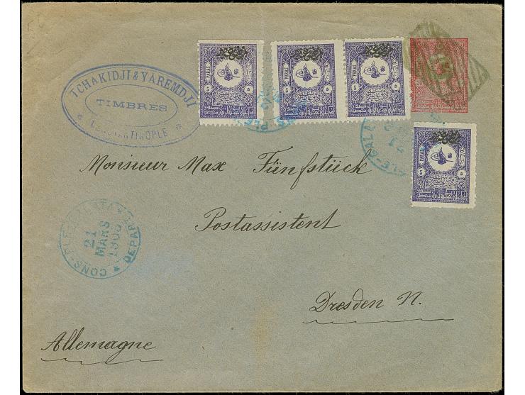 1905, Envelope postal stationery 20 pa. red on grey-blue used uprated with 4x5 pa. newspaper ‘matbua’ issue performing 40 pa.