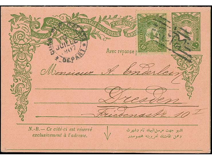 1905, 10 pa.+10 pa. green postal stationery answering card complete used with barred all arabic GALATA 1 and CONS PLE GALATA 