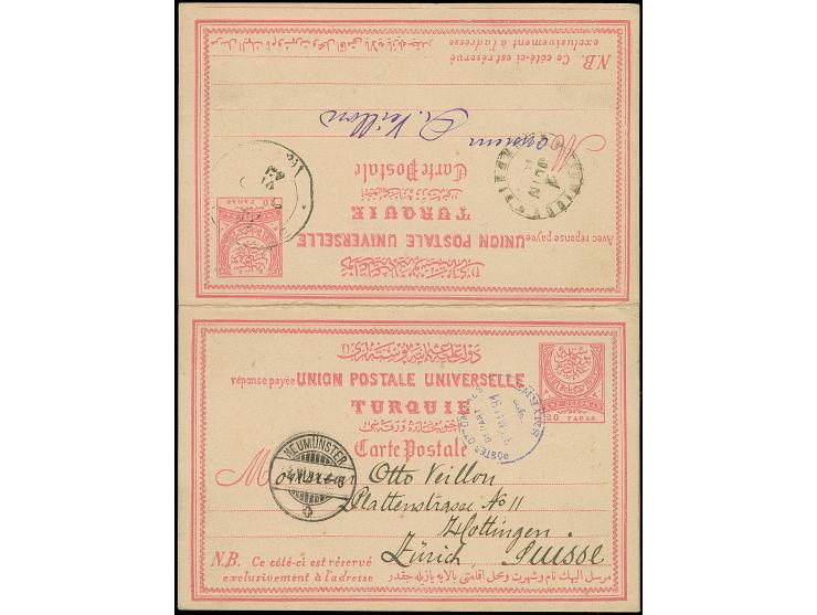 1891, 20 pa.+20 pa. pale rose with pale flesh background postal stationery answering card complete used with violet POSTES OT