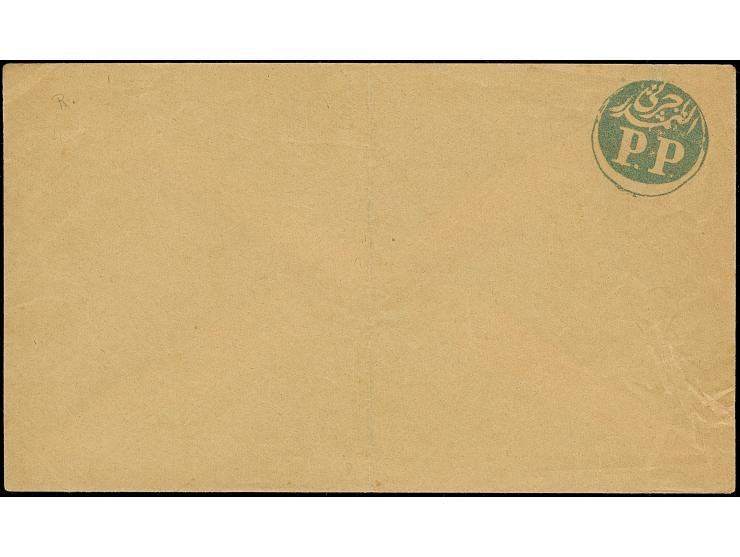 1862, "P.P.ÜCRETI ALINMISTIR" (Postage Paid) greenish-blue handstamped formular envelope, unused, usual crease and fold, othe