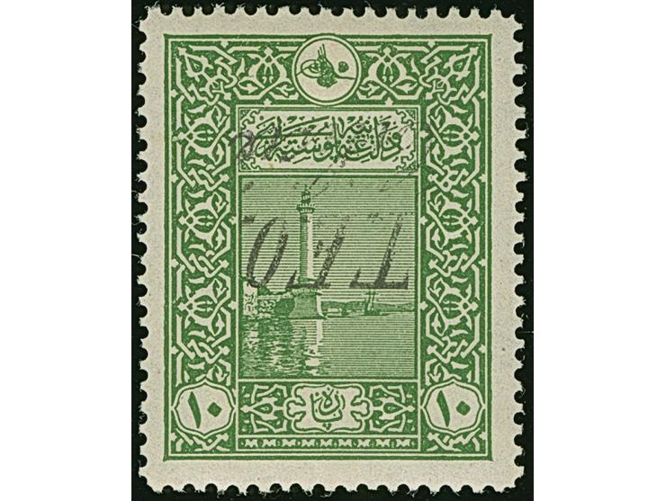 1919, Lighthouse 10 pa. green with inverted surcharge 'T.E.O. Cilicie', perf. 12½, unused, fine and a scarce variety. (Scott 