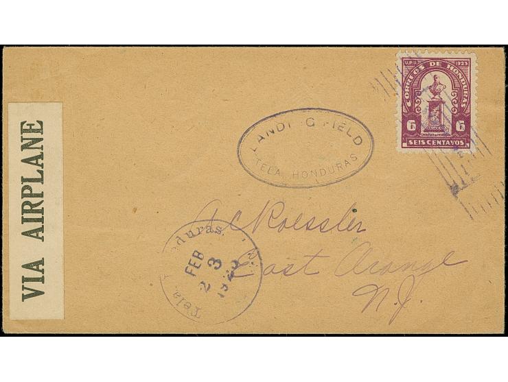 1925, Pioneer flight from Tela to USA, with 6 c. red-violet franking and oval "Landing Field Tela Honduras" alongside, "Via A