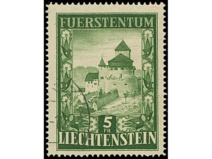1952, Schloss Vaduz 5 Fr schwarzgrün, gez. 14¾, sauber gestempelt, tadellos.
