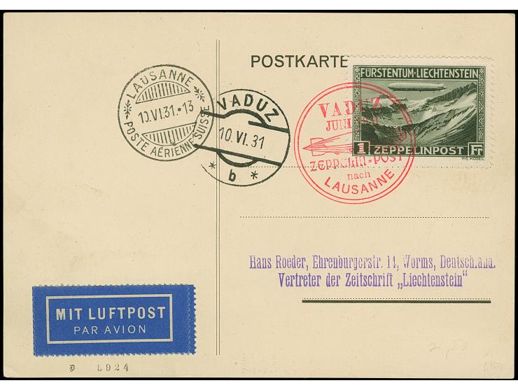 1931, Vaduz-Lausanne, tadelloser Zeppelinbrief mit 2 Fr. Zeppelinmarke. (Sieger 110B)