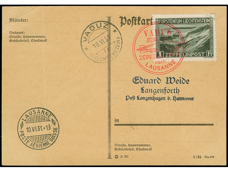 1931, Liechtenstein : Vaduz-Lausanne, tadelloser Zeppelinbrief mit 2 Fr. Zeppelinmarke, links leichte Bugspur.
