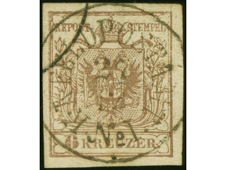 6 Kr. braun, allseits breitrandig, mit zentrisch klarem EKr. "K.K. Feldpostamt No. 1/ 27/12" (Müller 600 P.)