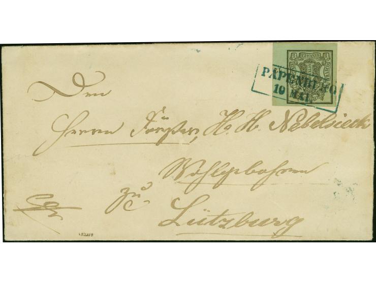1 Ggr. auf meergrün, voll- bis breitrandige rechte untere Bogenecke mit Reihenzähler "12", mit Ra2 "PAPENBURG 10 MAI", auf Br