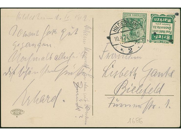 Germania, R10+5 Pfg., gut gezähnt, mit sauberem “HILDESHEIM 10.4.12” auf Karte n. Bielefeld, kl. Tintenflecke
