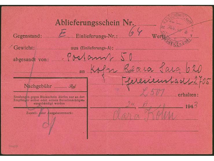 Theresienstadt: 1943, Rückschein für einen R-Brief von Wien, gefaltet