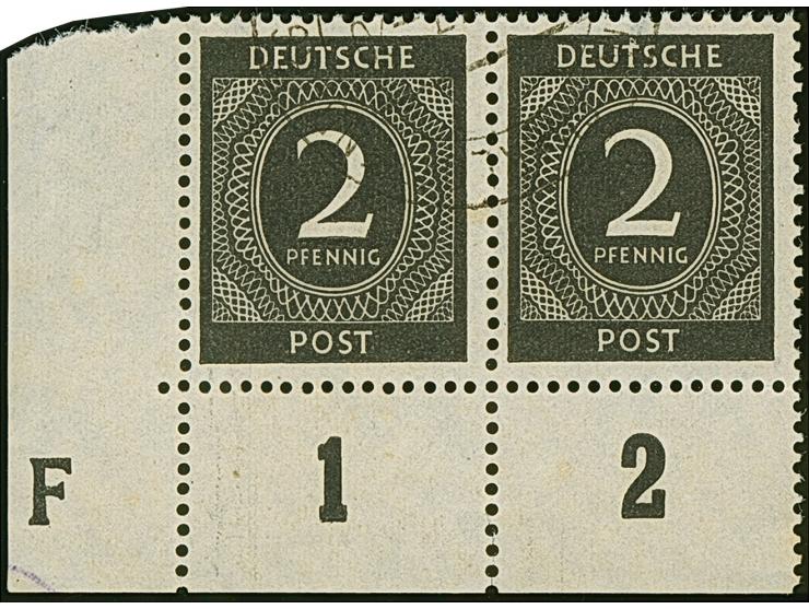 1946, Ziffern 2 Pfg., linkes unteres Eckrandpaar mit Druckerzeichen ‘großes F’, sauber gestempelt, KB H.-D. Schlegel BPP (Mi.