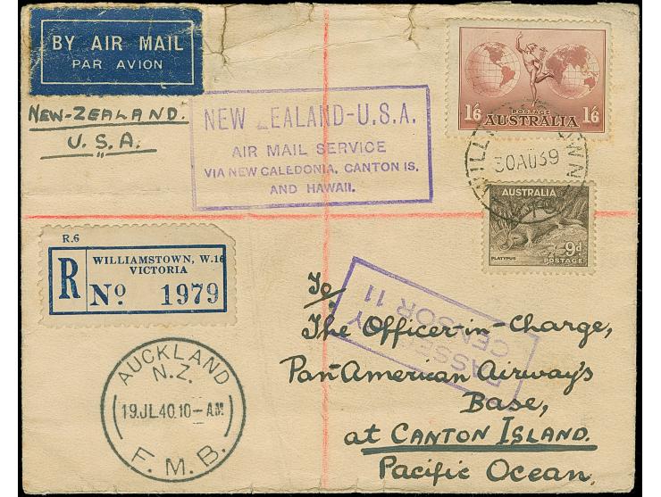 19369, California Clipper flown legal sized censored cover, by Clipper from New Zealand to Canton Island with purple boxed "N