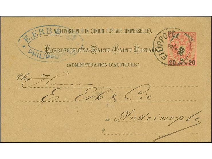 1889, FILIPPOPEL cds. on postcard and envelope used in the last weeks of the Austrian P.O. in Plovdiv. The P.O. was closed on