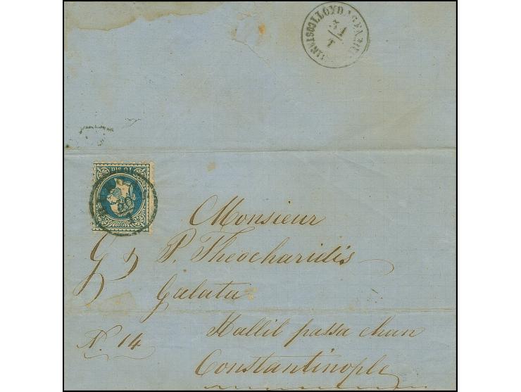 1869, Folded letter from Burgas to Constantinople bearing 10 sld. blue tied by very fine single circle ‘BURGAS 30/1’ datestam