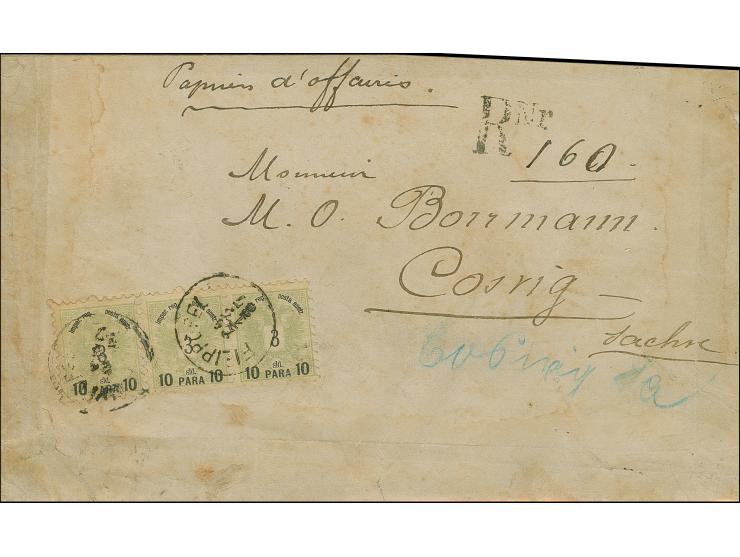 1887, Umschlag ‘Geschäftspapiere’ per Einschreiben mit Dreierstreifen 10 pa. auf 3 sld. blaugrün schwarz für die Drucksacheng