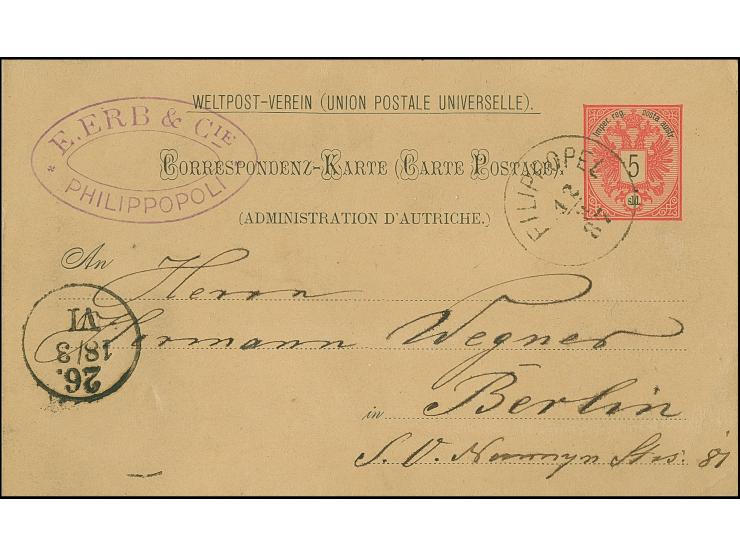 1883/86, Zwei Ganzsachenkarten aus der Korrospondenz Erb, je entwertet FILIPPOPEL und CONSTANTINOPEL, dazu fünf Marken mit Fi