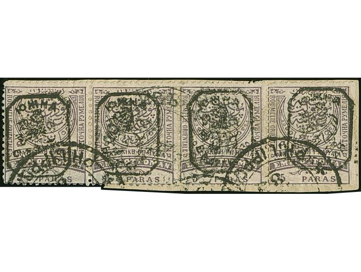 1885, 5 pa. lilac on dull lilac perf 13¼, strip of four tied on piece by PHILIPPOPLE cds. fine and fresh, signed Thier and Ko