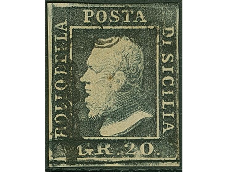 1859, 20 gr. grey-slate, all three colours grey-slate, grey-violet and black-slate used, good margins all round, fine trio. S