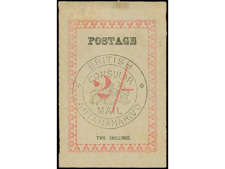 1886, 2/- sh. rose, 'postage' 24.5 mm, Handstamped ‘British/Consular/Mail/Antananarivo’ in black, unused without gum, tiny th