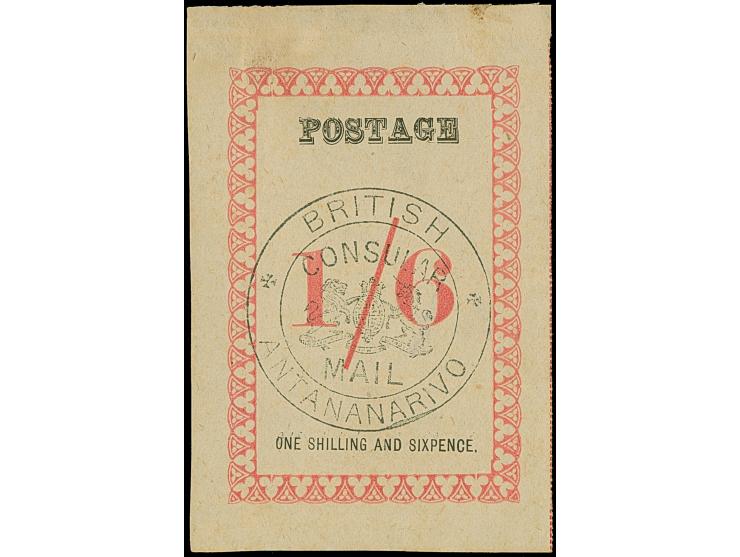 1886, 1sh. 6 d. rose, 'postage' 24.5 mm, Handstamped ‘British/Consular/Mail/Antananarivo’ in black, unused without gum, tiny 