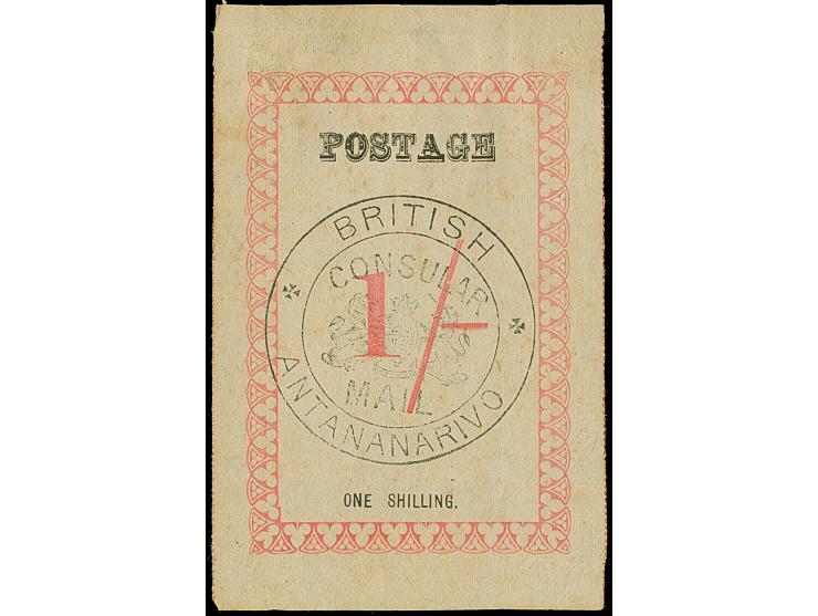 1886, 1sh. rose, 'postage' 24.5 mm, Handstamped ‘British/Consular/Mail/Antananarivo’ in black, unused without gum, tiny thin 