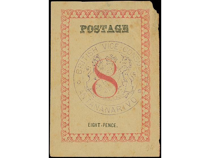 1886, 8 d. rose, 'postage' 24.5 mm, Handstamped ‘British/Consular/Mail/Antananarivo’ in black, unused without gum, tiny spots