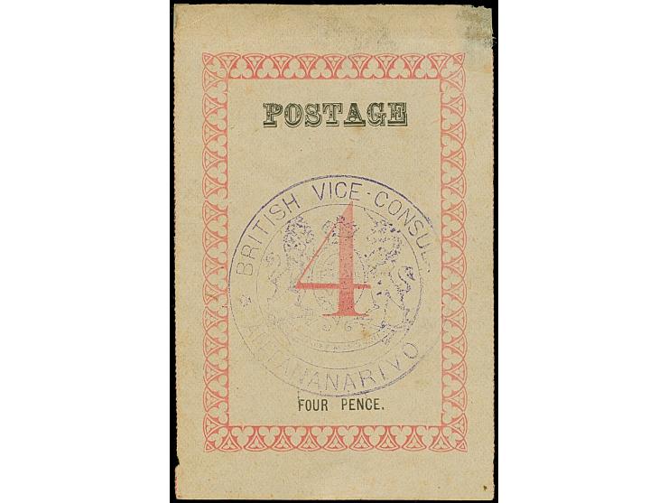 1886, 4 d. rose, 'postage' 24.5 mm, Handstamped ‘British/Consular/Mail/Antananarivo’ in black, unused without gum, tiny thin 