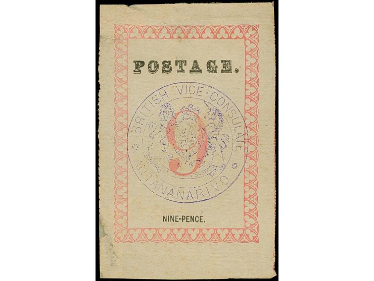 1886, 9 d. rose, 'postage' 29.5 mm, Handstamped ‘British/Consular/Mail/Antananarivo’ in violet, unused without gum, tiny thin
