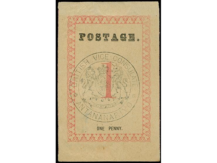 1886, 1 d. rose, 'postage' 29.5 mm, Handstamped ‘British/Consular/Mail/Antananarivo’ in black, unused without gum, tiny thin 